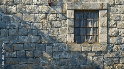  a stone building with a window and a curtain on the side of the building with a clock on the side of the building and a street sign on the side of the building.