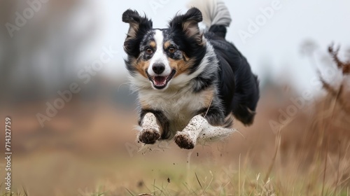  a black, white and brown dog is running in a field of tall grass and brown grass is in the foreground and a blurry background is in the foreground.