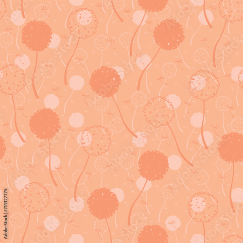 Dandelion Illustration Patterns with Three Fuzz Peach Tones. Monochrome Art Design. Seamless link.