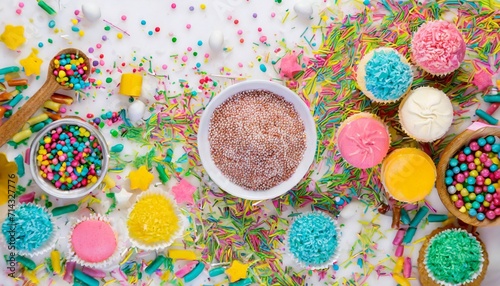 flat lay of colorful sprinkles over white background festive decoration