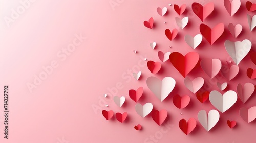 Red, pink and white flying hearts isolated on pink background. Paper cut decorations for Valentine's day border or frame design,