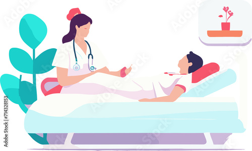Vector illustration of a nurse taking care of a patient, sick person on bed in the hospital