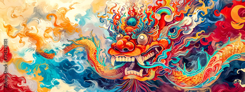 Tibetan dragon painting, a vibrant dance of fire and water. banner with copy space photo