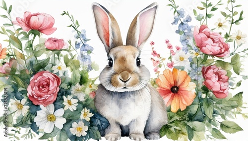 watercolor illustration of a cute rabbit looking straight ahead and some flowers in front of a white background