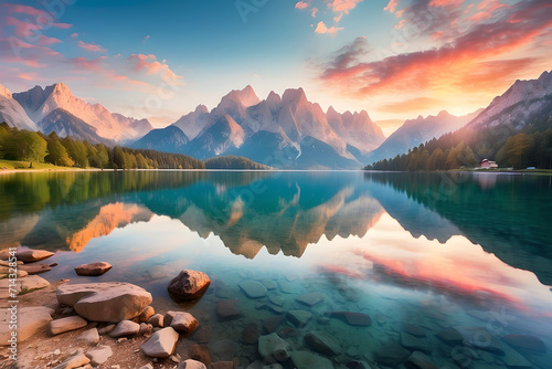 Beautiful summer sunrise over the Zugspitze mountain range at Eibsee Lake. Sunny Alpine landscape. Background of the idea of nature's beauty photo