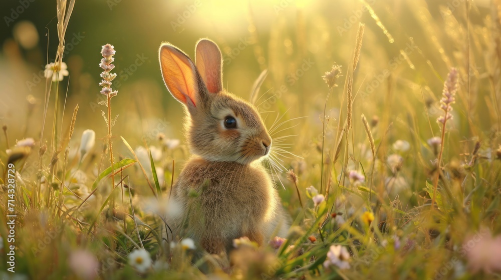 a bunny rabbit sitting in a field of grass and wildflowers with the sun shining on it's back and behind it, it's ears, it's ears, it's ears, it's ears,.