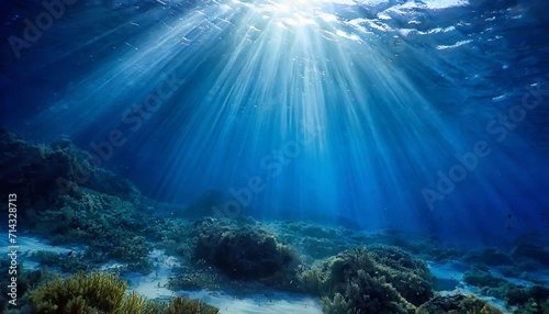 abstract image of tropical underwater dark blue deep ocean wide nature background with rays of sunlight photo