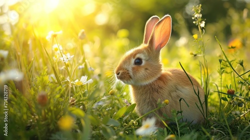  a rabbit sitting in the grass with the sun shining on it's back and it's ears up and it's ears up and eyes wide open.