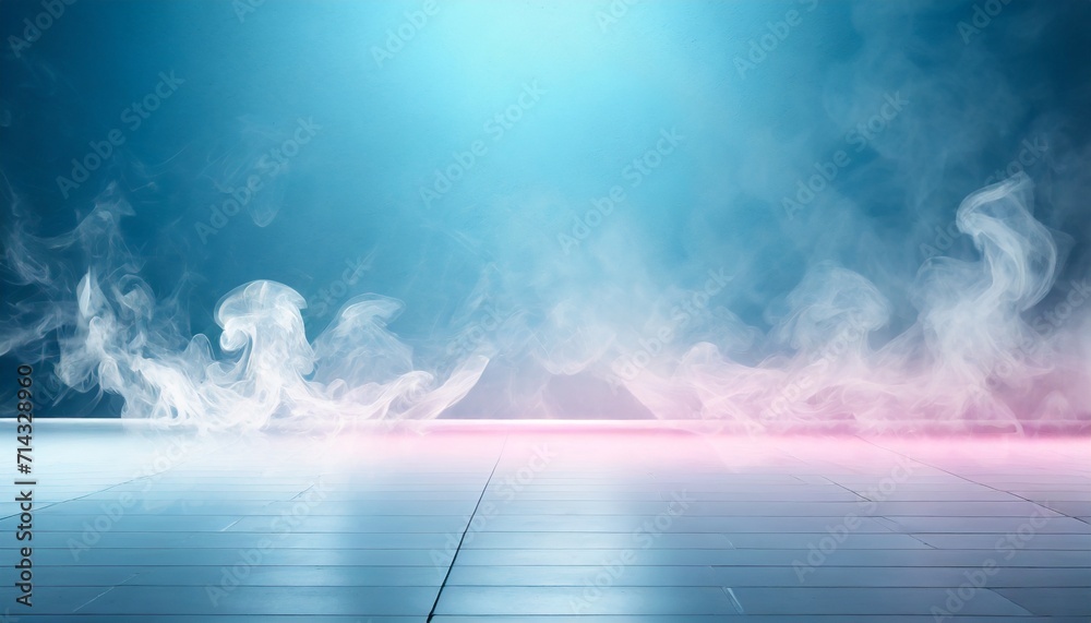 a beautiful light blue background with white smoke trailing across the floor with pink lighting abstract background for presentation