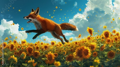  a painting of a fox in a field of sunflowers with a blue sky and clouds in the background with clouds and sunflowers in the foreground.