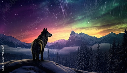 View of night sky with aurora borealis and mountain peak background. Wolf silhouette, night glows in vibrant aurora reflection on the lake with forest.