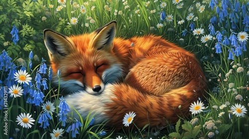  a painting of a red fox sleeping in a field of daisies and wildflowers, with its eyes closed, with its eyes closed, with its eyes closed.
