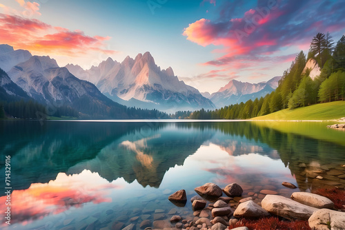 Beautiful summer sunrise over the Zugspitze mountain range at Eibsee Lake. Sunny Alpine landscape. Background of the idea of nature's beauty