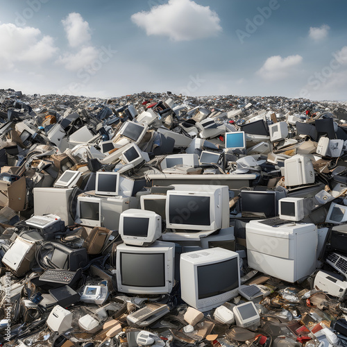 A pile of old computer monitors and keyboards. The pile is so large that it is almost impossible to see the individual items. Concept of waste and excess