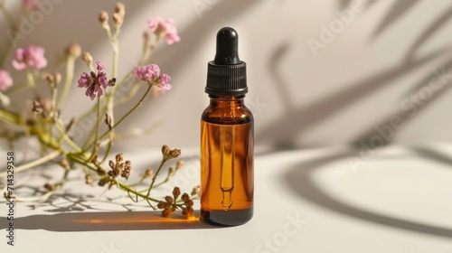  a close up of a bottle of essential oil next to a plant with a shadow on the wall behind it and a shadow on the wall behind the bottle of the bottle.