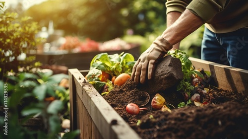 Gardener Composting Food Waste in Backyard Compost Bin - Sustainability Concept AI Generated