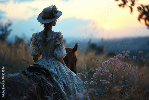 Woman in a dress riding a horse in a meadow full of flowers. Generative AI