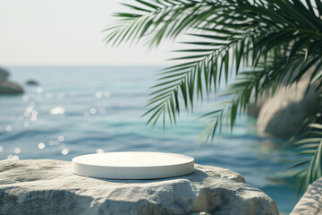 Empty podium for product presentation with palm leaf on seascape. Generative AI