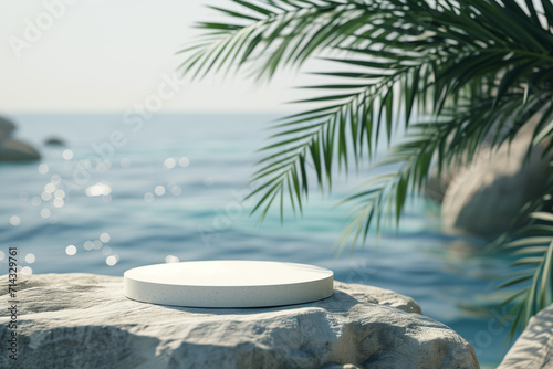 Empty podium for product presentation with palm leaf on seascape. Generative AI photo