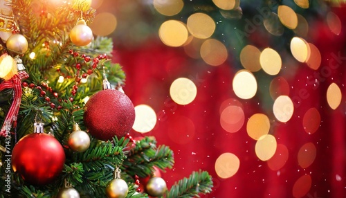 christmas tree with ornament and bokeh lights in red background