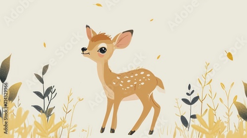  a little deer standing in the middle of a field of tall grass with leaves on it's sides and a sky background with a few yellow leaves in the foreground. © Anna