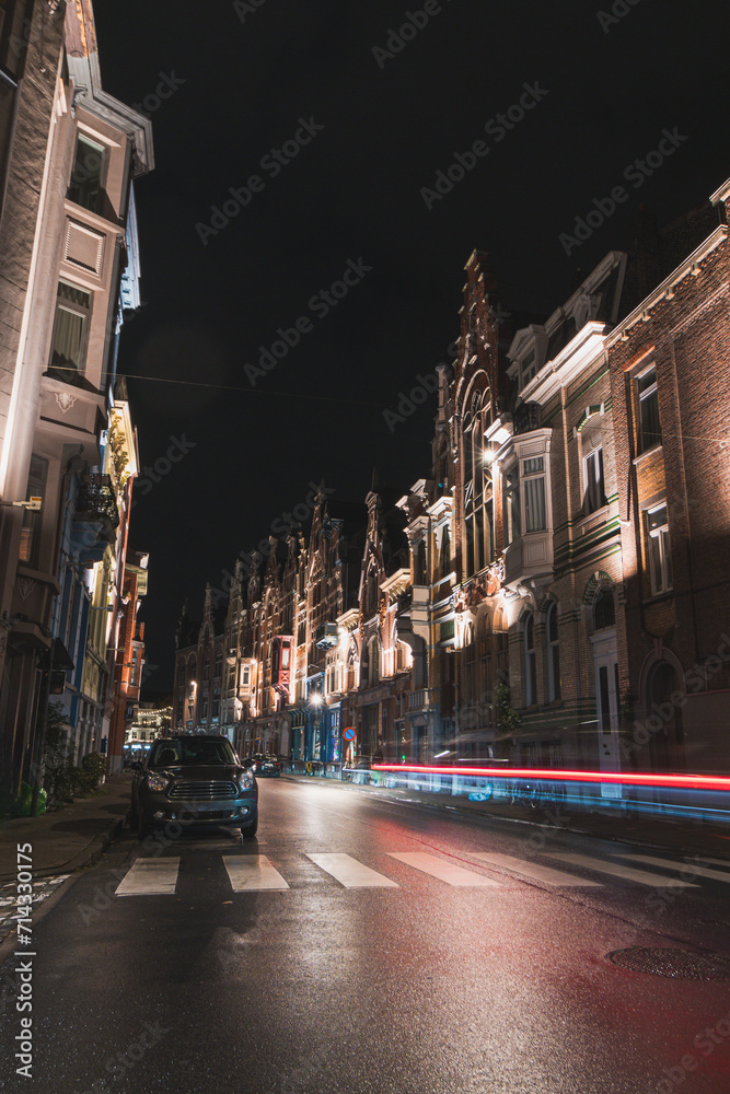 Evening city centre of Ghent in the Flanders region, Belgium. Classic streets of Belgian cities. Historic buildings of the wealthier part of Ghent