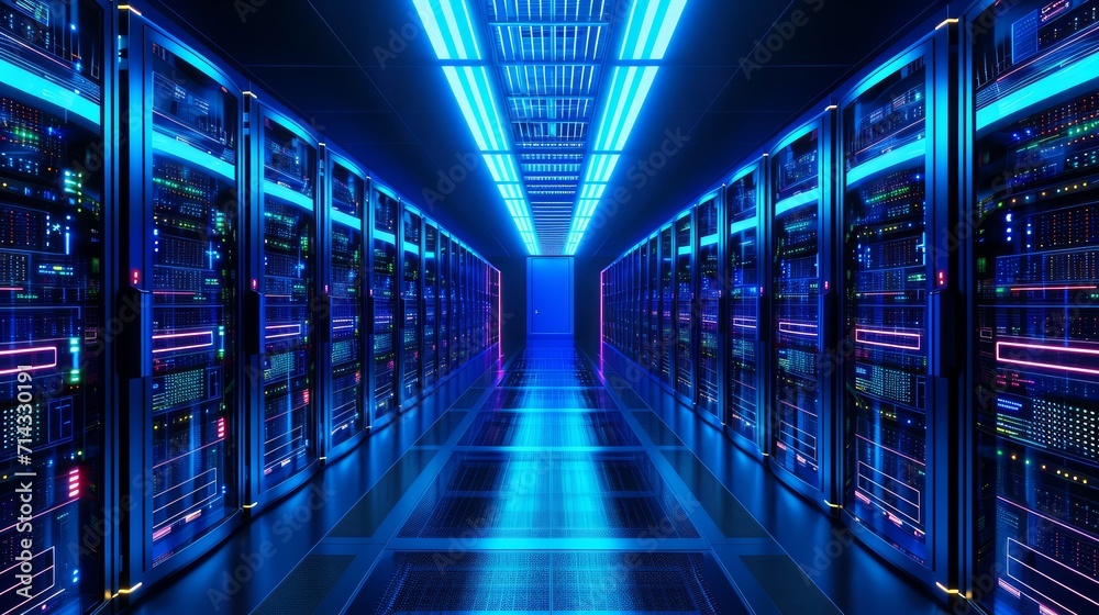 3D illustration banner of server room in data center full of telecommunication equipment, concept of big data storage and cloud hosting technology