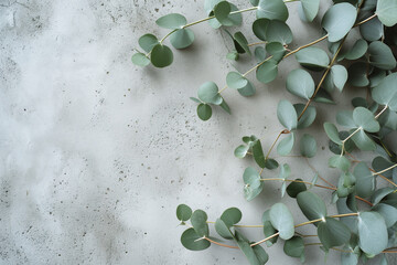 Fresh green eucalyptus leaves on stone desk table. Generative AI
