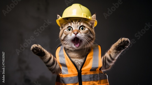Silly Feline: Hilarious Cat Pretending to be Construction Worker on Job Site AI Generated