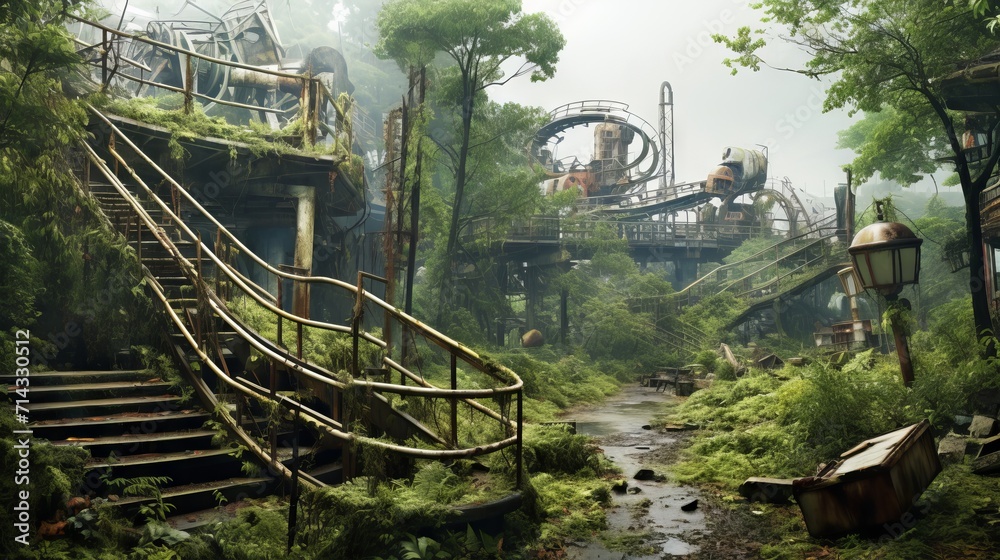 Juxtaposition of an Abandoned Overgrown Amusement Park AI Generated