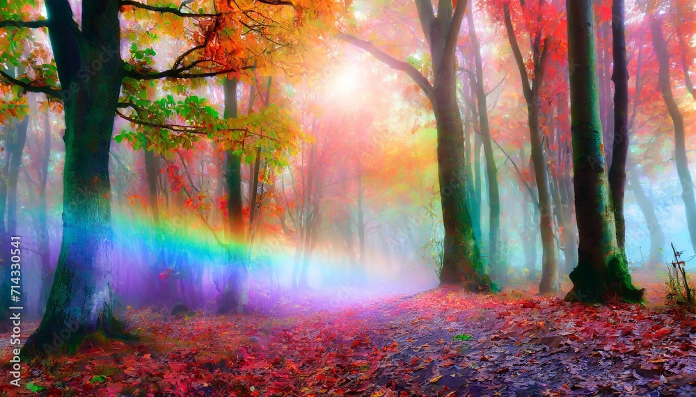 landscape in a fabulous forest rainbow spectrum of colorful autumn trees in unusual neon lighting fog background autumn fantasy