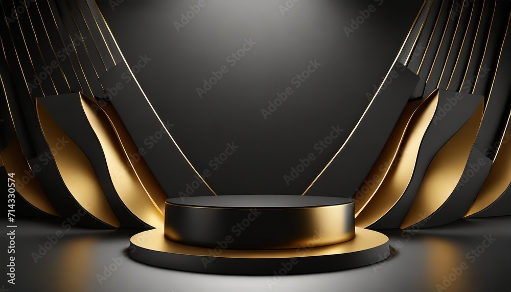 3d render abstract minimal black and gold background with empty podium classy showcase for product presentation