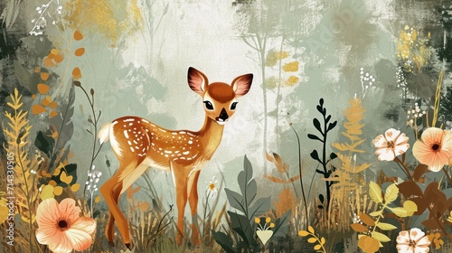  a painting of a fawn standing in a field of wildflowers with a baby fawn peeking out of the center of the picture in the foreground.