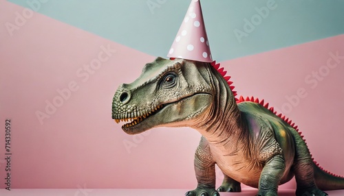 dinosaur with party hat on pastel pink background © Marcelo