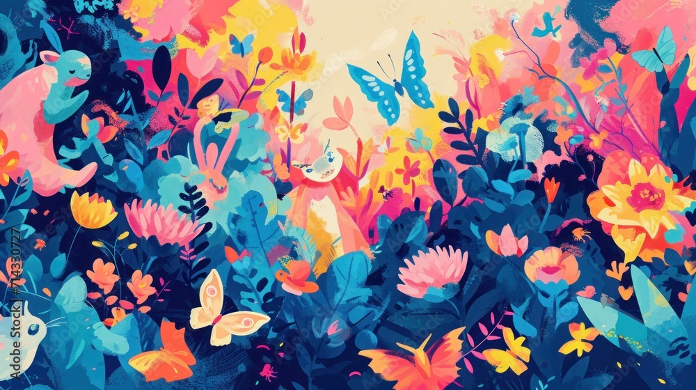  a painting of colorful flowers and butterflies in a field of blue, pink, yellow, orange, and pink flowers with a sky background of blue, pink, yellow and orange.