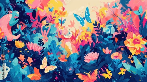  a painting of colorful flowers and butterflies in a field of blue, pink, yellow, orange, and pink flowers with a sky background of blue, pink, yellow and orange.