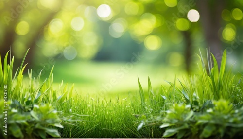 a fresh spring green garden foliage background with blurred bokeh