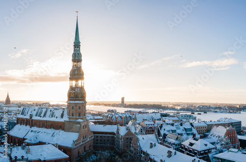 Aerial panorama view of Riga old town during beautiful winter day in Latvia. Freezing temperature in Latvia. White Riga.