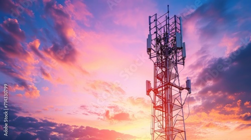 Antenna tower of telecommunication and Phone base station with TV and wireless internet antennas photo
