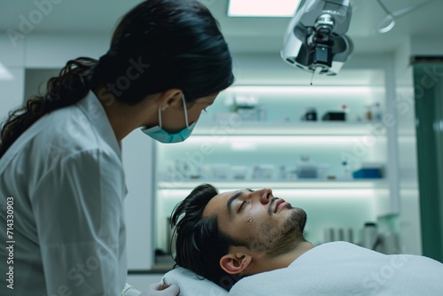 Young man visiting female beautician in hair transplantation con