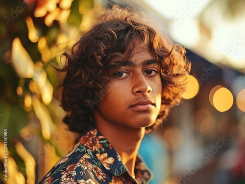 Photorealistic Teen Indian Man with Brown Curly Hair vintage Illustration. Portrait of a person in 1960s era aesthetics. Mod fashion. Historic photo Ai Generated Horizontal Illustration.