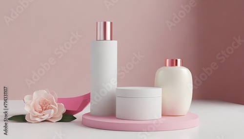 mockup productos cosmeticos color blanco y rosa elegante moderno 3d fondo con mockup botellas de cosmetico maquillaje spa en blanco fotografia producto