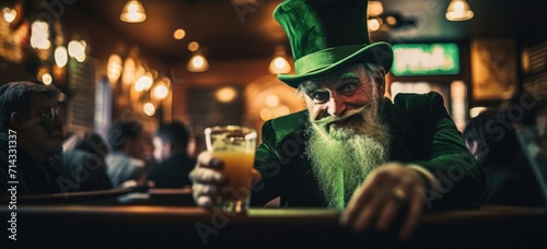 Man in leprechaun costume celebrating St. Patrick's Day in pub. Festive event and culture. Banner. photo