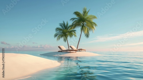 Desert tropical island with palm tree  chaise lounge. Concept for rest  holidays  resort  travel