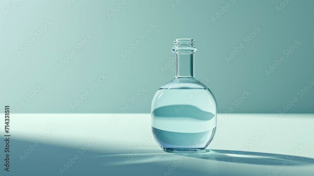  a bottle filled with water sitting on top of a table next to a shadow of a person's head on the table top of the bottle is a light blue background.