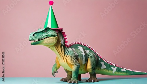 dinosaur with party hat on pastel pink background © Marcelo