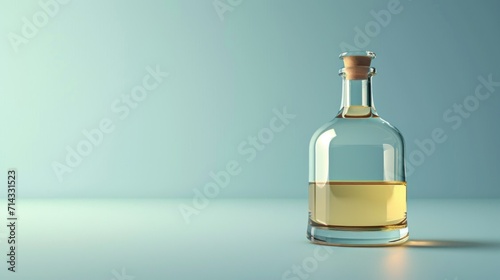  a glass bottle with a liquid inside of it on a blue surface with a shadow from the top of the bottle and the bottom half of the bottle with a cork.