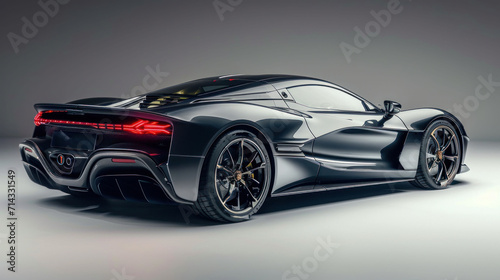  a black sports car with red lights on it's tail lights and the rear end of the car is facing away from the camera, on a gray background. © Anna