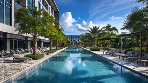 Florida, USA. Modern building with swimming pool, trees, chairs. Urban landscape with blue reflecting pool, city architecture, and scenic environment © Orxan