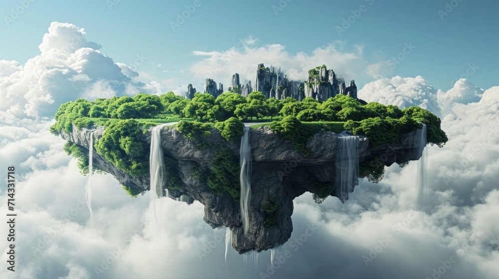 Flying land with beautiful landscape, green grass and waterfalls mountains. 3d illustration of floating forest island isolated with clouds - obrazy, fototapety, plakaty 